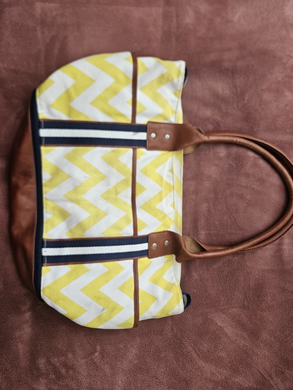 Yellow Chevron Canvas Tote Bag with Brown Leather Handles & Shoe Storage